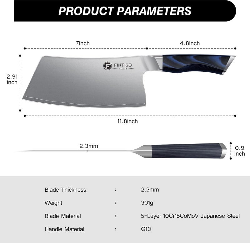FINTISO Cleaver Knife 7 In, Kitchen Butcher Knife with G10 Ergonomic Handle, High Carbon Steel Vegetable Meat Cleaver, Heavy Duty Bone Chopper for Home and Restaurant - Image 3